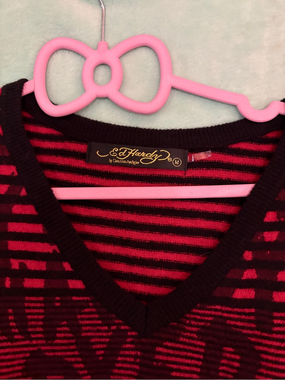 Ed Hardy Women’s Red and Black V-Neck Striped Sweater